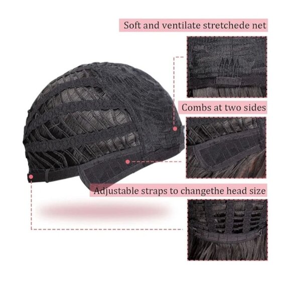 Black Wavy Synthetic Wig With Bangs Adjustable Cap 14" Length - Soft & Ventilate - Picture 4 of 4